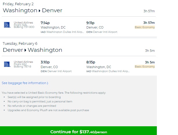 Washington DC to Denver or Vice Versa $137 RT Nonstop on United Airlines (BE) (travel Jan-March)