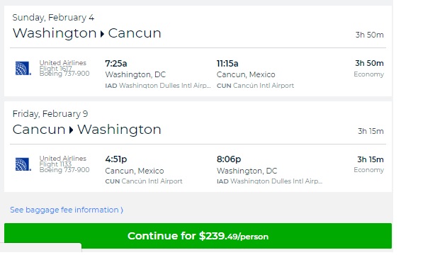 Washington DC to Cancun MX $239 RT Nonstop on United Airlines (travel Jan-May; Sept-Nov 2018)
