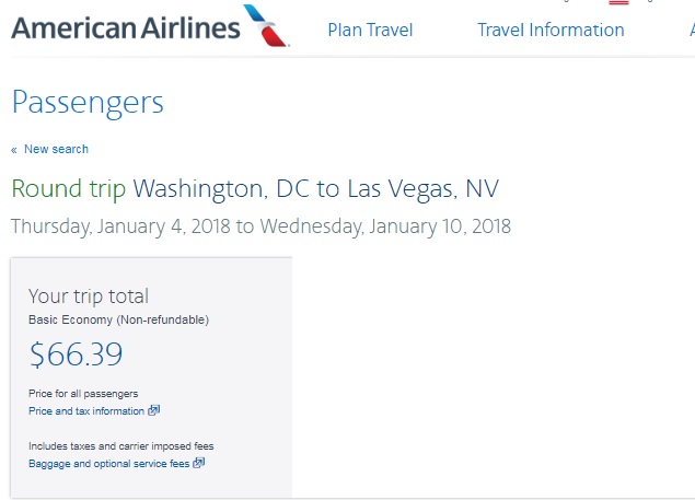 [Expired] Washington DC to Las Vegas RT Nonstop $68 on American Airlines (BE) (Departs Jan 4 or 6 Only) $68