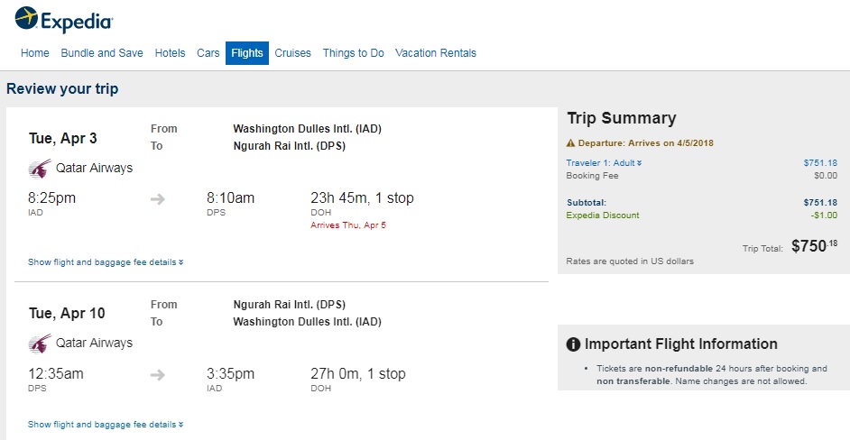 Washington DC to Indonesia $750 RT Airfares on Qatar Airways (travel Jan - May)