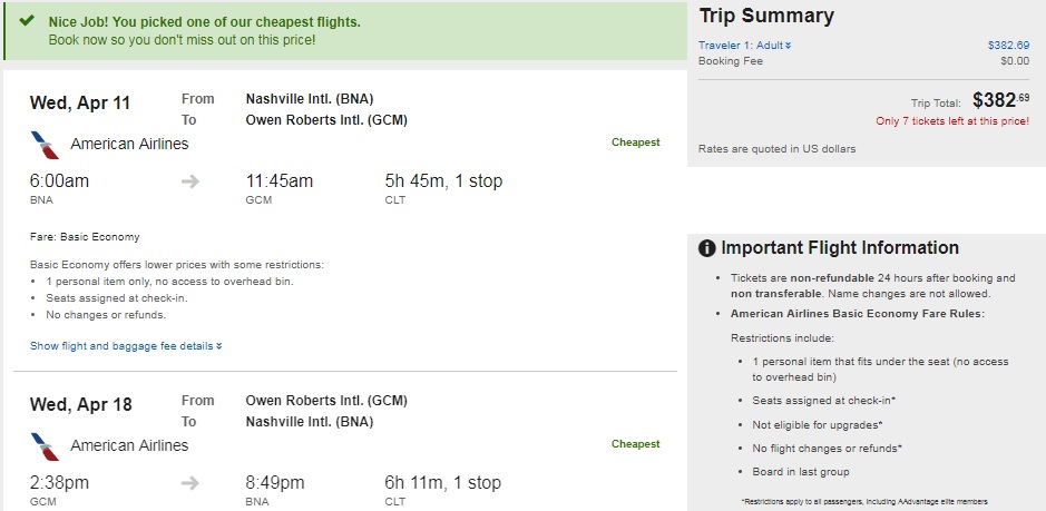 Nashville TN to Grand Cayman Islands $376-383 RT Airfare on American Airlines (BE) (travel April-May)