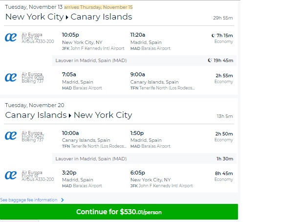New York City to Canary Islands $530 RT on Air Europa (limited dates Oct-Nov)
