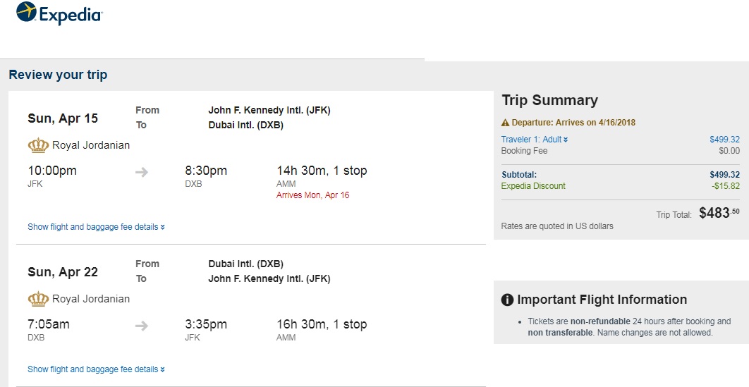 New York to Dubai UAE $484 RT Airfare on Royal Jordanian Airlines (travel April)