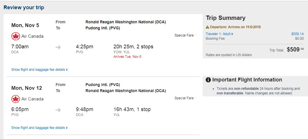 Washington DC to Shanghai China $509 RT AIrfare on Air Canada (travel Oct-Dec 2018)