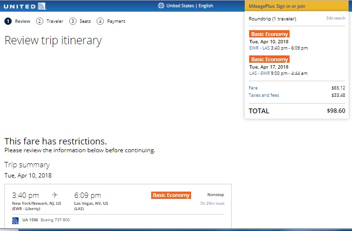 New York / New Jersey to Las Vegas or Vice Versa $99 on United Airlines BE (Very Few April Dates)