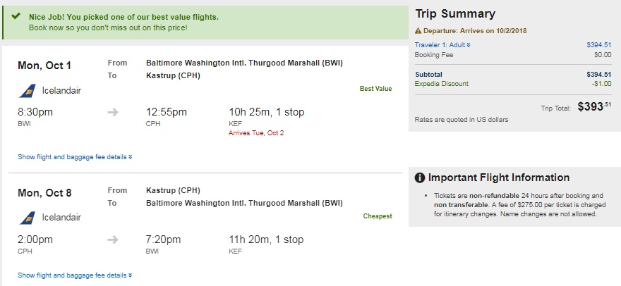 Washington DC / Baltimore to Copenhagen Denmark $394 on Icelandair (very limited dates in Oct)