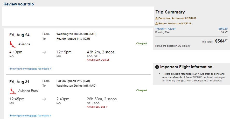 Washington DC to Iguazu Falls Brazil $564 RT Airfares of Avianca Airlines (travel Aug-Nov)