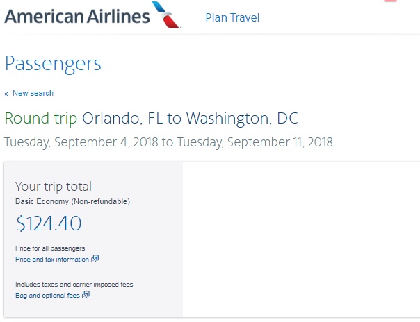Washington DC to Orlando or Vice Versa $124 RT Nonstop on American Airlines BE (limited dates Aug-Oct)