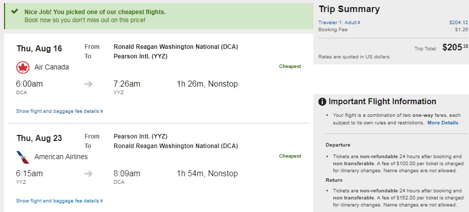 Washington DC to Toronto Canada $206 RT Nonstop Airfares (Travel Aug-Dec)