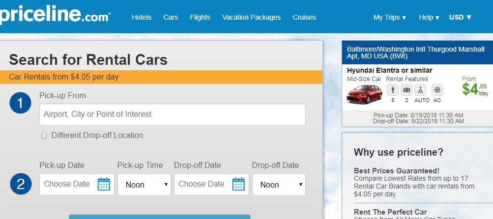 Priceline Car Rentals from $4 Per Day (Pickup Aug 15-28, 2018)