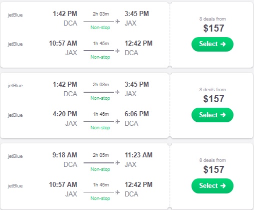 Jacksonville FL to Washington DC or Vice Versa $157 RT Nonstop on JetBlue (Travel Oct-Dec)