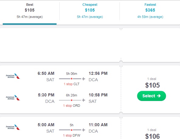 San Antonio TX to Washington DC or Vice Versa $105 RT on American Airlines BE (Scattered Limited Travel Nov-Feb 2019)