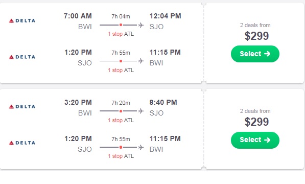 Baltimore to San Jose Costa Rica $299-$302 RT Airfares on Delta or United Airlines (Limited Travel Feb-March 2019)