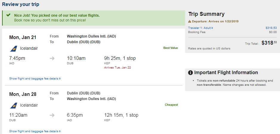 Washington DC to Dublin Ireland $319 RT Airfares on Icelandair (Limited Travel Jan 2019)