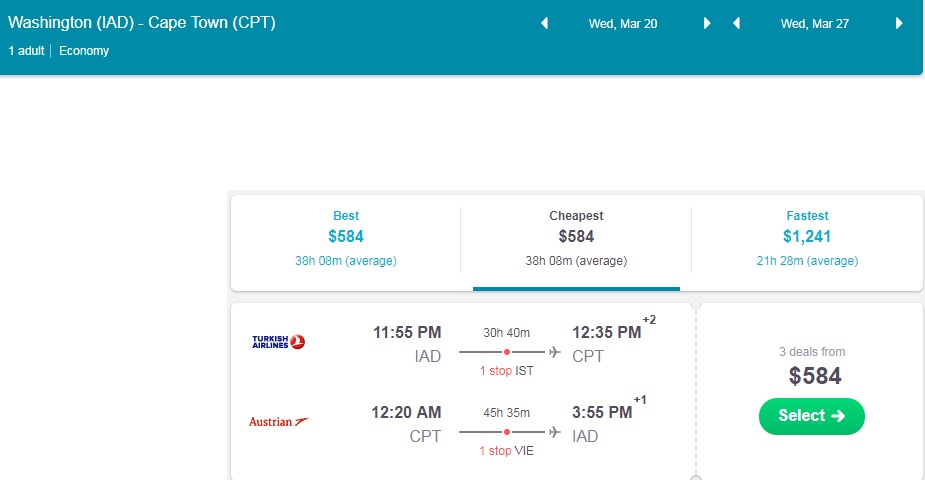 Washington DC to Cape Town South Africa $554-$585 RT Airfares on Star Alliance Airlines (Limited Travel March 2019)