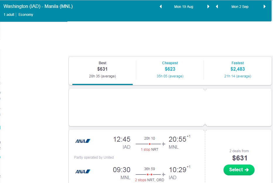 Washington DC to Manila Philippines $631 RT Airfares on ANA / United Airlines (Very Few Dates in Aug 2019)