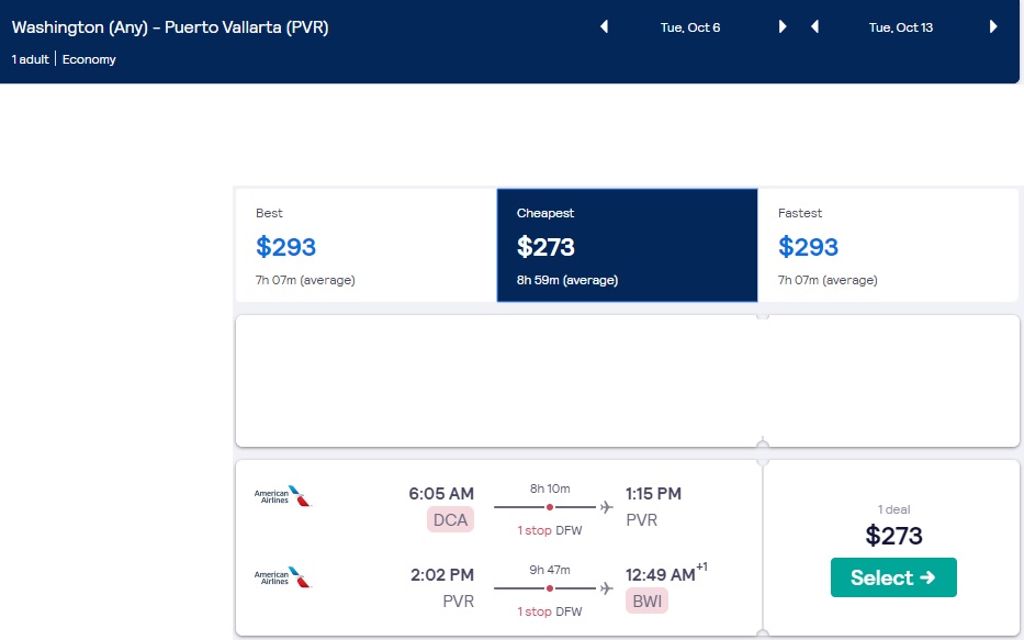 Travel Aug-Oct 2020:  Washington DC to Puerto Vallarta Mexico $273-$278 RT Airfares on American or United Airlines BE