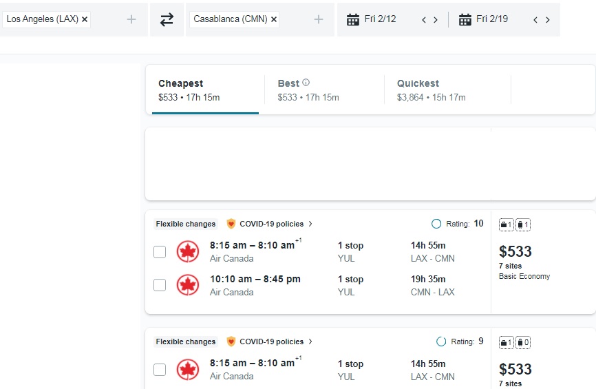 Los Angeles to Casablanca Morocco $533 RT Airfares on Air Canada BE (Flexible Ticket Travel December - February 2021)