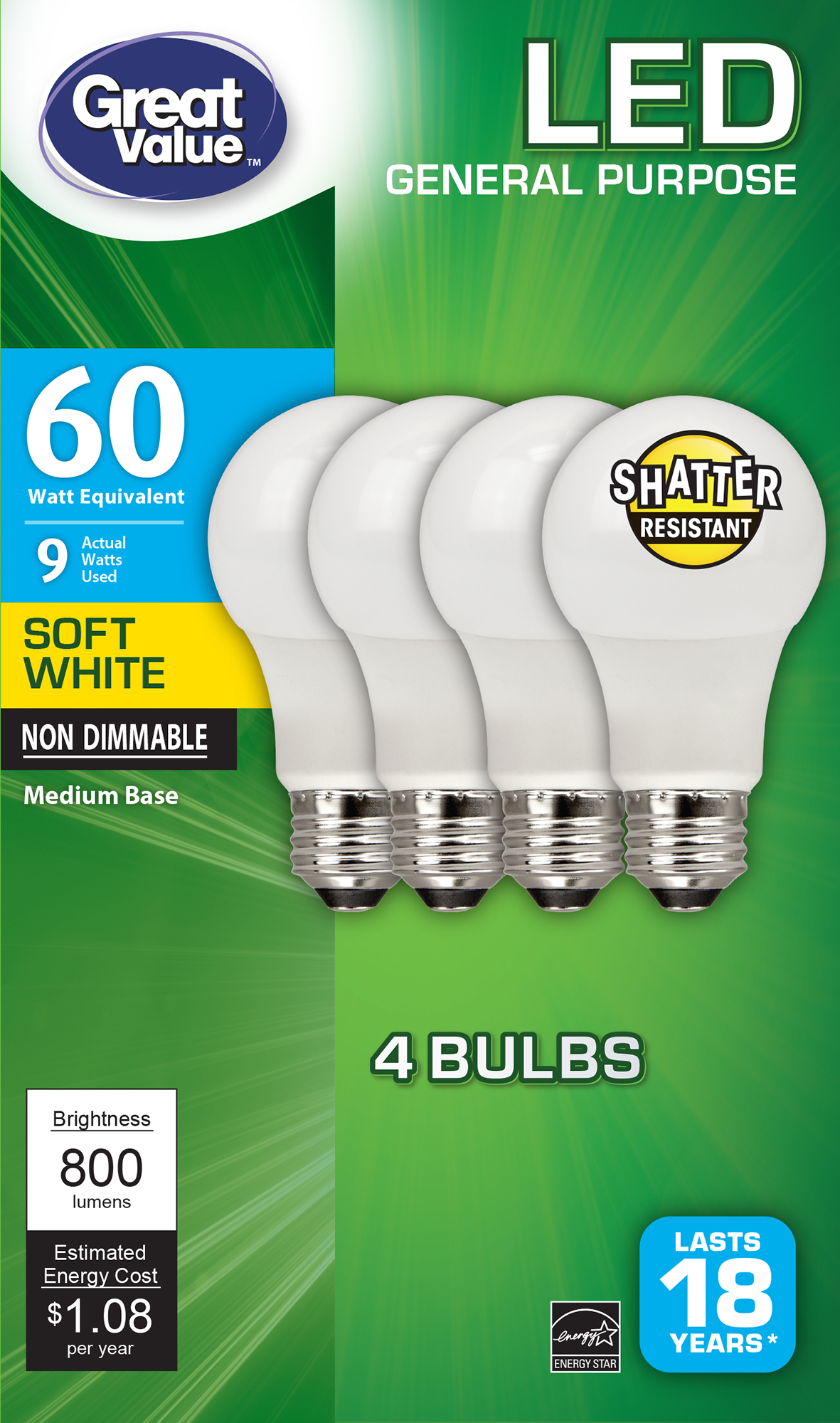 Walmart GV 4 pack 60W non-dimmable LED light bulb YMMV $2.88 Clearance