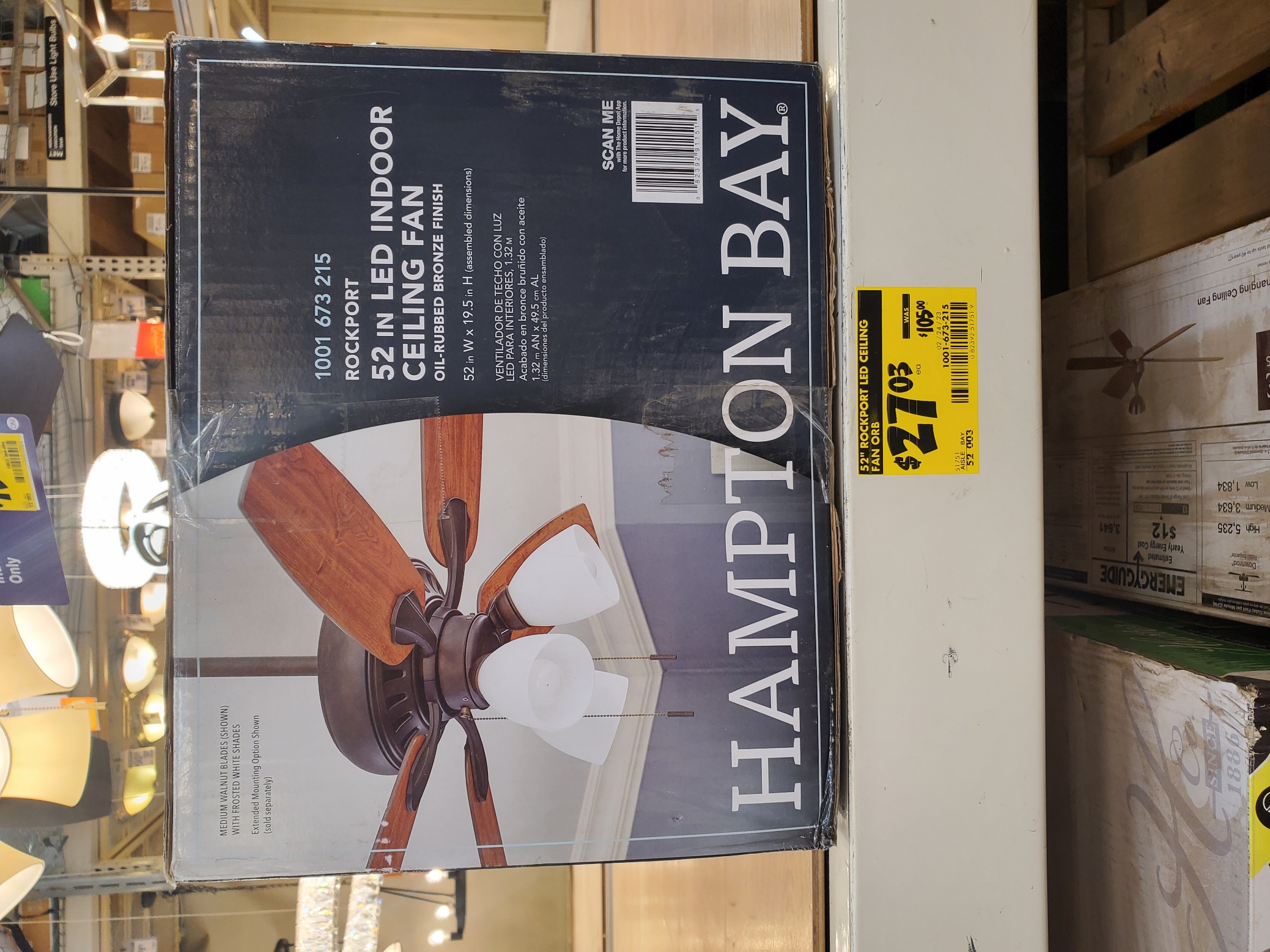 YMMV Hampton Bay Rockport 52 in. Indoor LED Oil Rubbed Bronze Ceiling Fan with Light Kit, Downrod, Reversible Blades and Reversible Motor $27.03