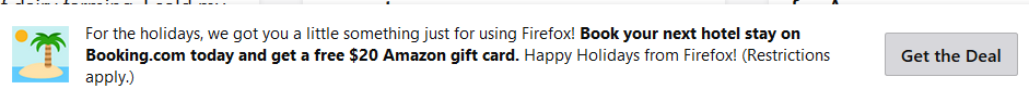 Use Firefox to book $250+ hotel on booking.com, get $20 Amazon gift card