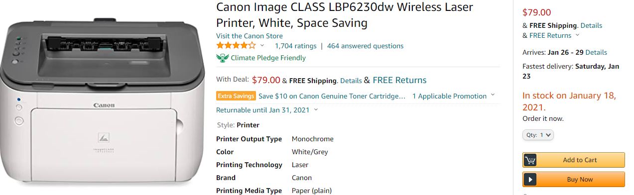 Canon Image CLASS LBP6230dw Wireless Laser Printer $79