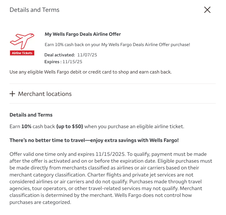 My Wells Fargo Deals - 10% cashback on any airline up to $50 - YMMV