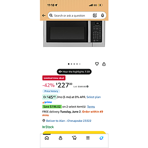 GE 30" Over-the-Range Microwave, 1.6 Cu. Ft., 1000 Watts, 300 CFM Hood Vent, LED Lighting, Auto Defrost, Easy Mount Install, Stainless Steel, JVM3160RFSS $227