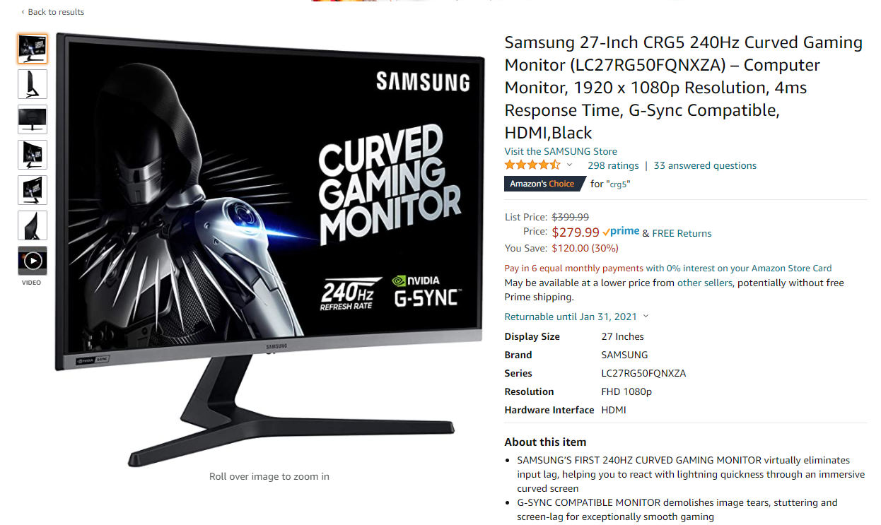 Samsung Crg5 27 1080p 240hz 4ms Nvidia G Sync Compatible Curved Gaming Monitor 279 99 Tax