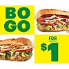 For a limited time, buy a fresh-made Footlong and get a second Footlong for just $1 when you use code BOGO1. MVP Rewards Members only.