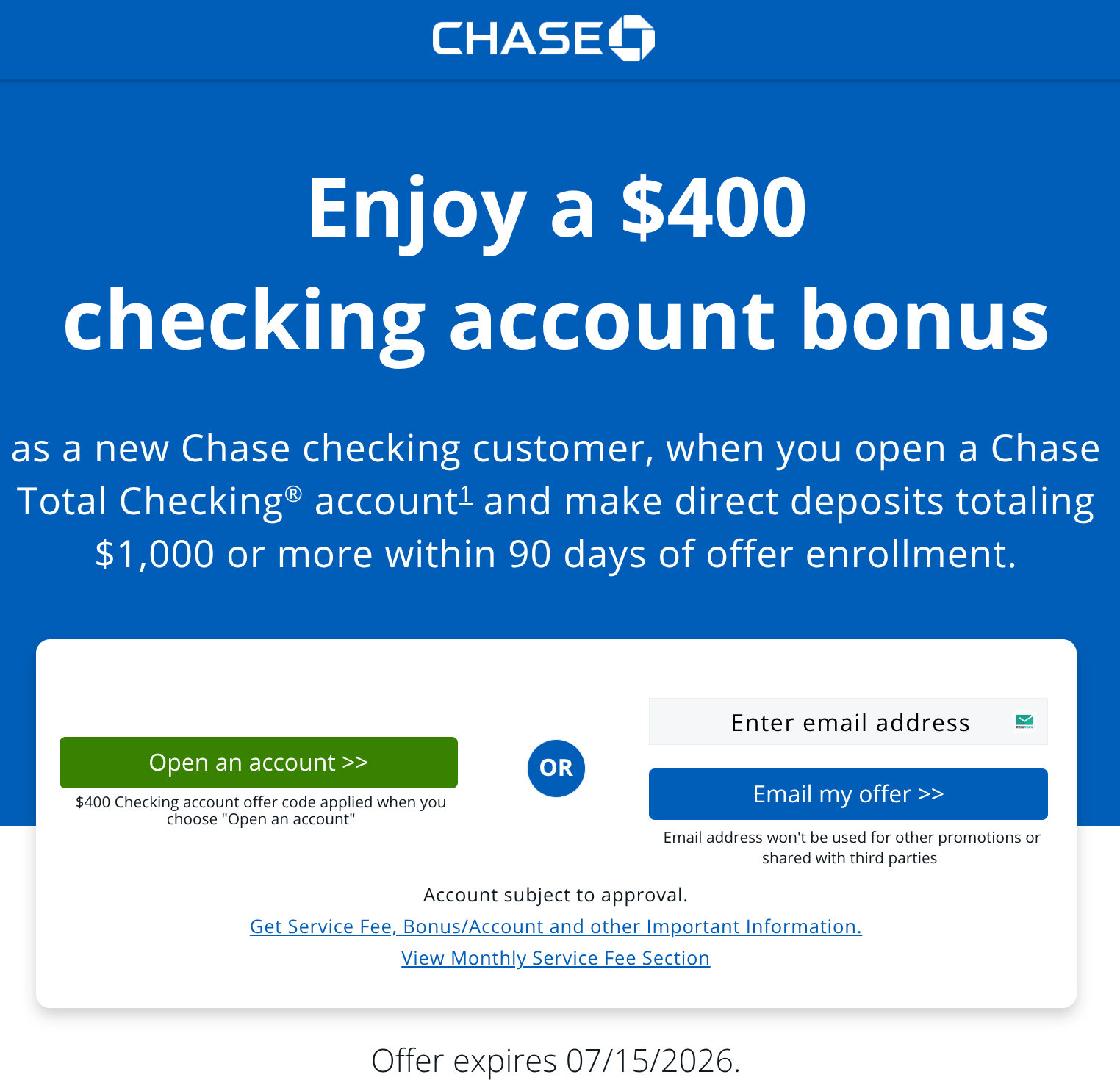 $400 checking account bonus when you open a Chase Total Checking