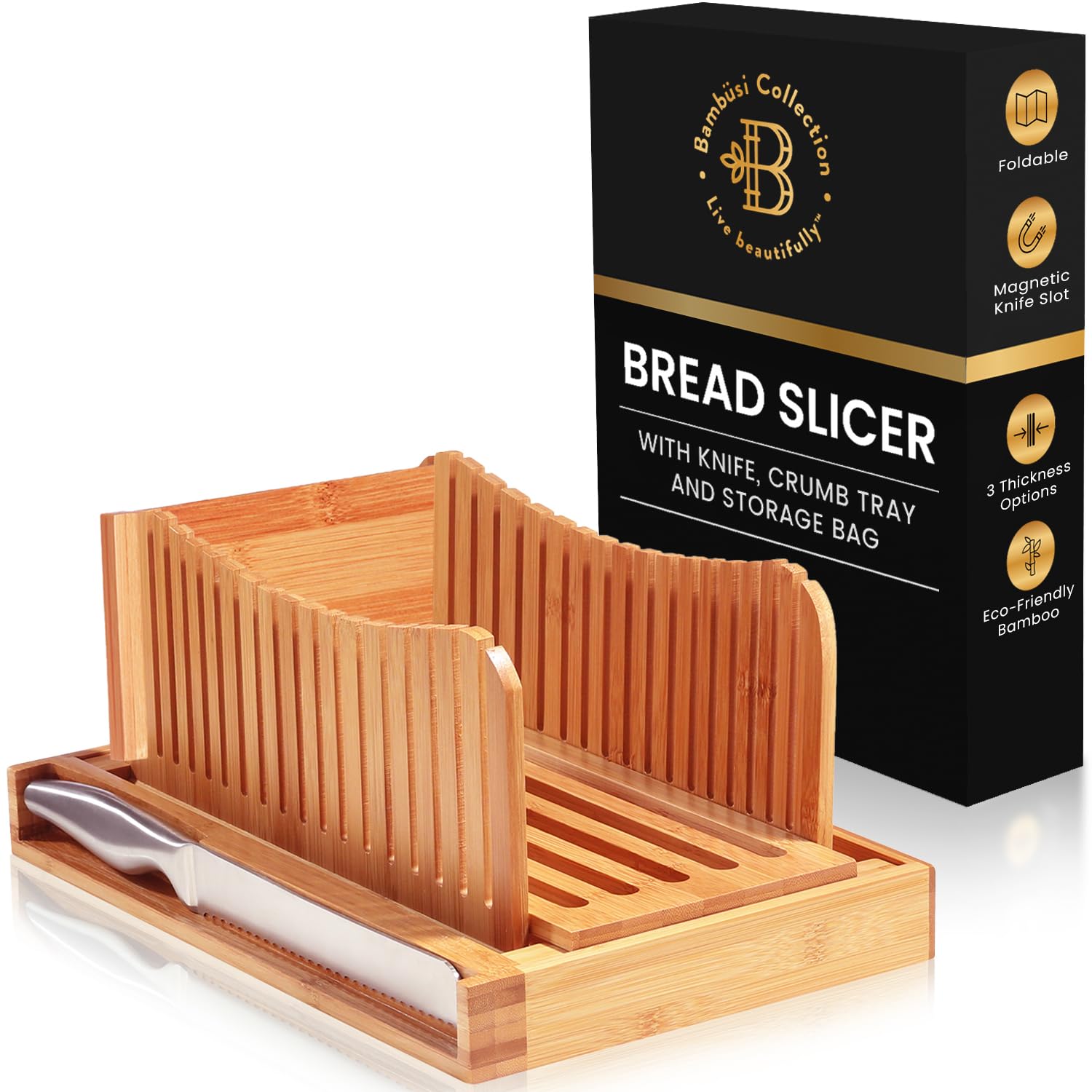 Bambüsi Bamboo Bread Slicer with Knife - 3 Slice Thickness $17.74