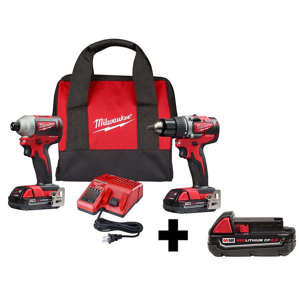 Milwaukee M18 18 Volt Lithium Ion Brushless Cordless Compact Drill Impact Driver Combo Kit 2