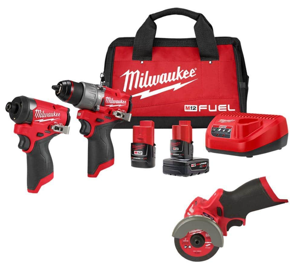 Milwaukee M12 FUEL 1/4" impact, hammer drill, 3" cutt off tool, 2ah battery, 4ah battery and charger (using "hack") $207.93