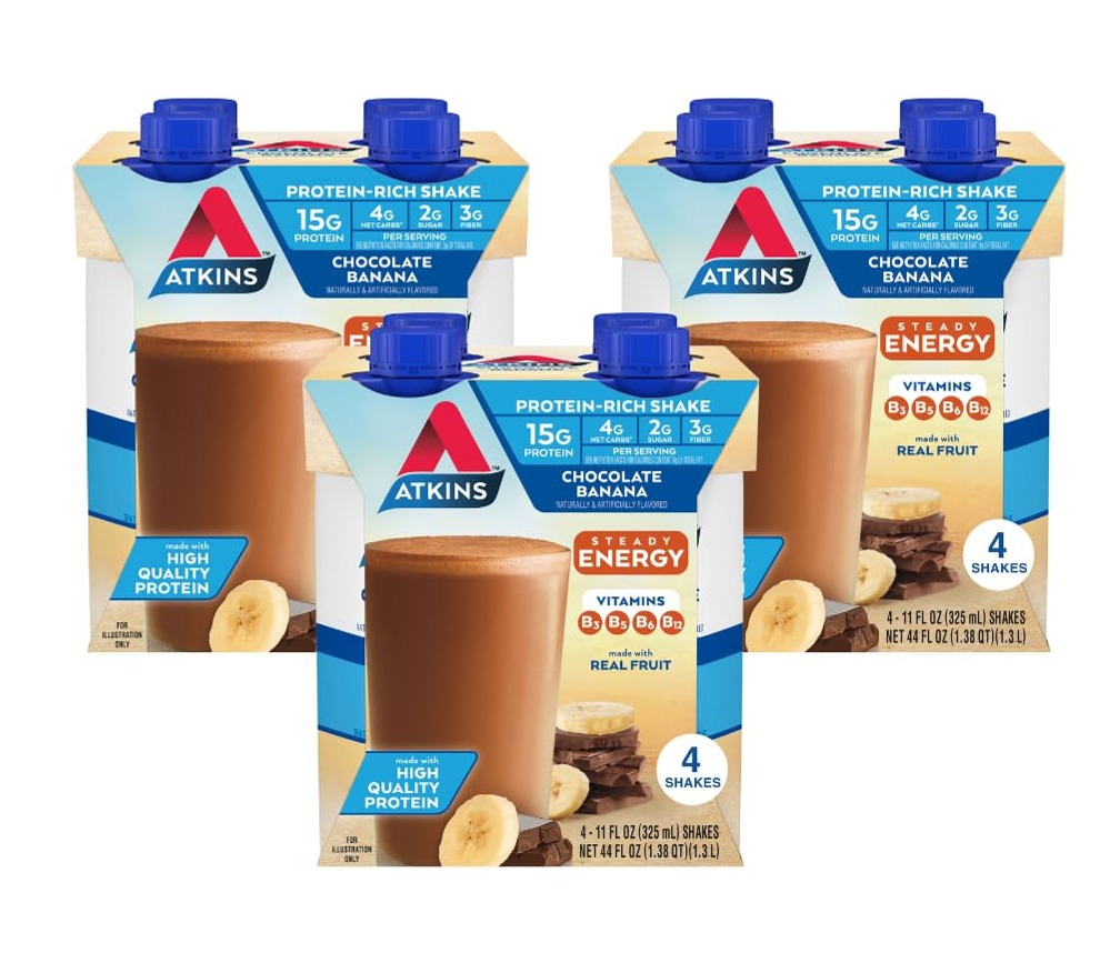 Atkins Chocolate Banana Protein Shake, 15g Protein, Low Glycemic, 4g Net Carb, 2g Sugar, Keto Friendly, 12 Count~$11.37 @ Amazon~Free Prime Shipping!