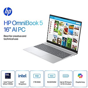 HP OmniBook 5: 16" FHD+ IPS, Intel Ultra 7 255U, 16GB LPDDR5, 1TB SSD $729.99