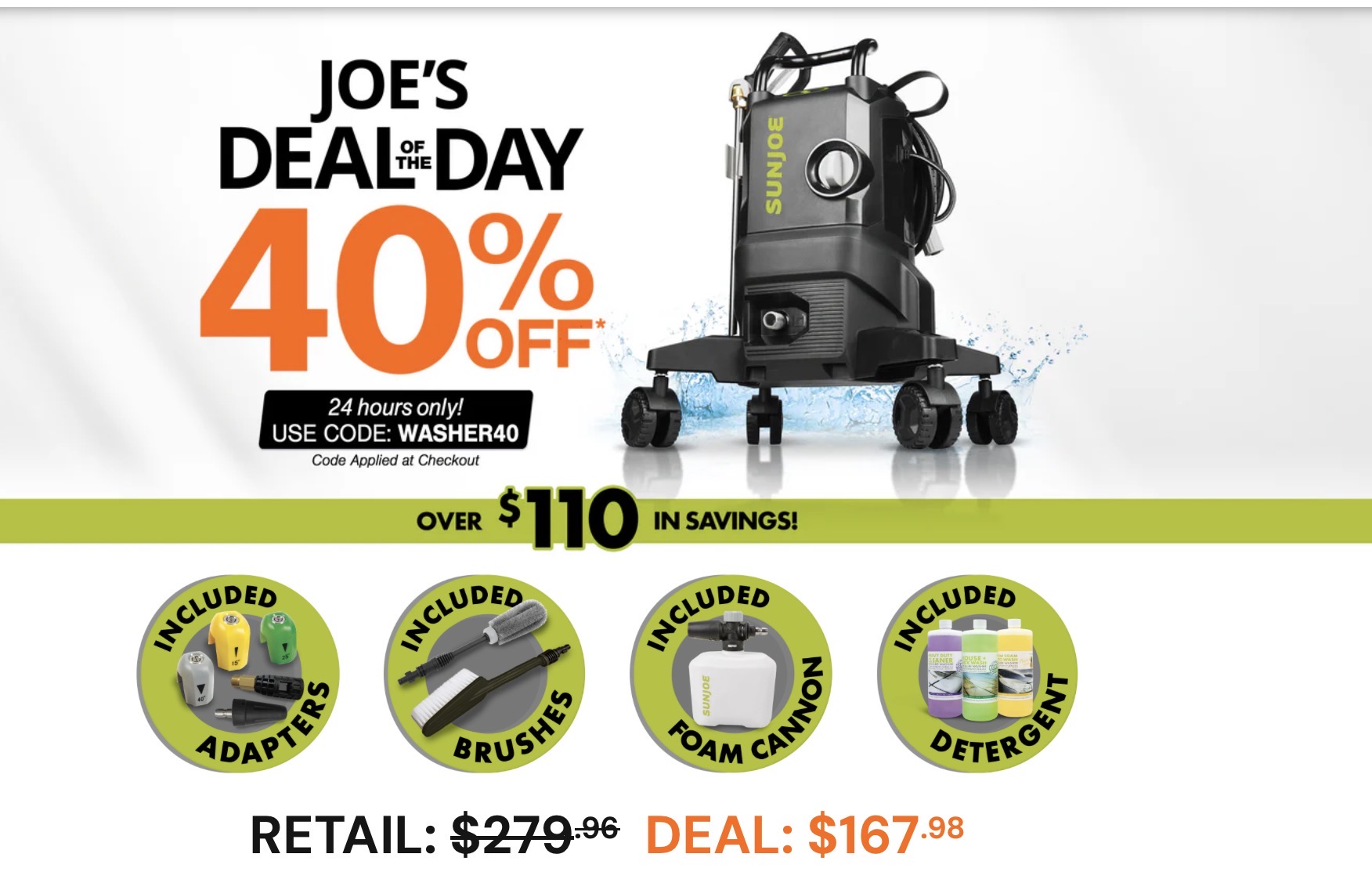 ShopJoe’s Deal of the Day - Sun Joe Electric Pressure Washer W/ Wheels 40% Off Use Code WASHER40 $167.98