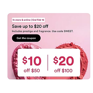Ulta.com $10 Off $50 or $20 Off $100 Use Code SWEET