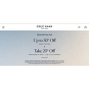 Cole Haan Up to 50% Off Sale styles + extra 20% Off PURCHASES OF $175+ | USE CODE: EXTRA20