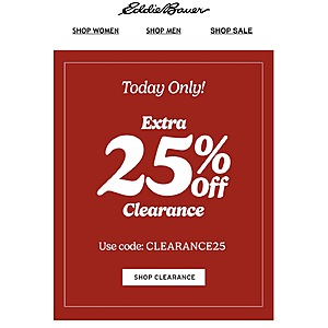 Today Only 09/07 Eddie Bauer Extra 25% Off Clearance with code CLEARANCE25