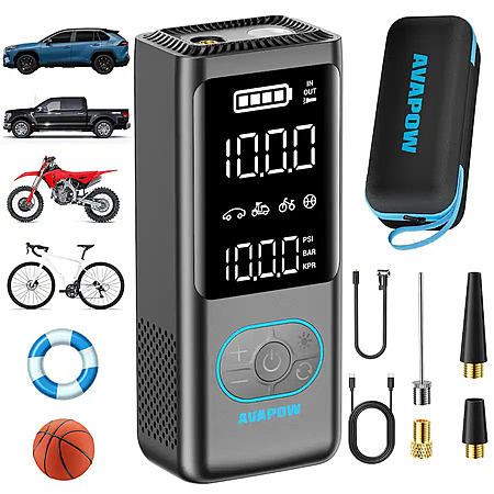 AVAPOW - Tire Inflator Portable Air Compressor, 150 PSI Cordless Car/Motorcycle/Bike Pump with Gauge, 3.7″ LCD, Auto-Off $24.99 Bestbuy.com