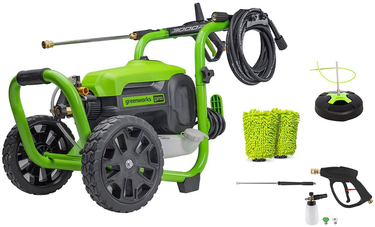 Greenworks - Electric Pressure Washer up to 3000 PSI at 2.0 GPM Combo Kit with short gun, mitts, and 15" surface cleaner - Green $449