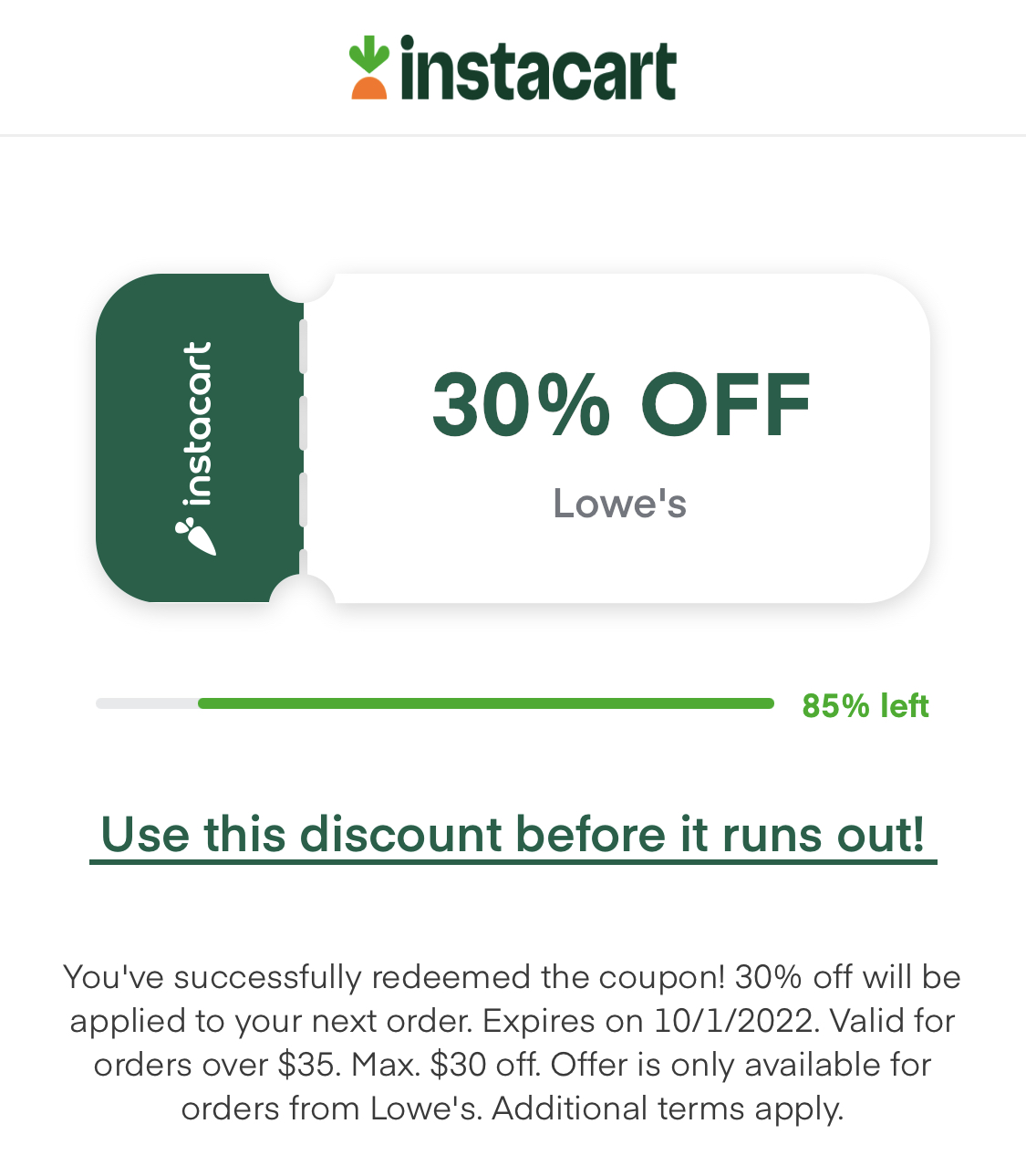 Some Instacart accounts: 30% off Lowes - $30