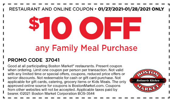 Boston Market $10 off Family Meal 1/27-1/28 from $17.29