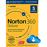 Norton 360 Deluxe (5 Device) Antivirus Internet Security Software + VPN + Dark Web Monitoring (1 Year Subscription) Android, Mac OS, Windows, Apple iOS [Digital] - $19.99