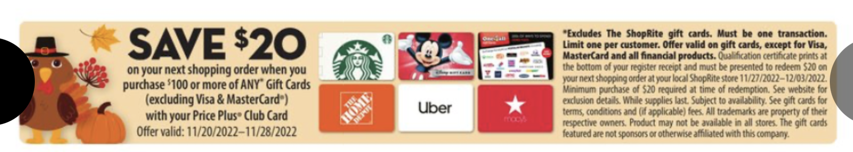 ShopRite (CT, NY, NJ, PA, DE, MD): Spend $100 on gift cards, get $20 for next trip