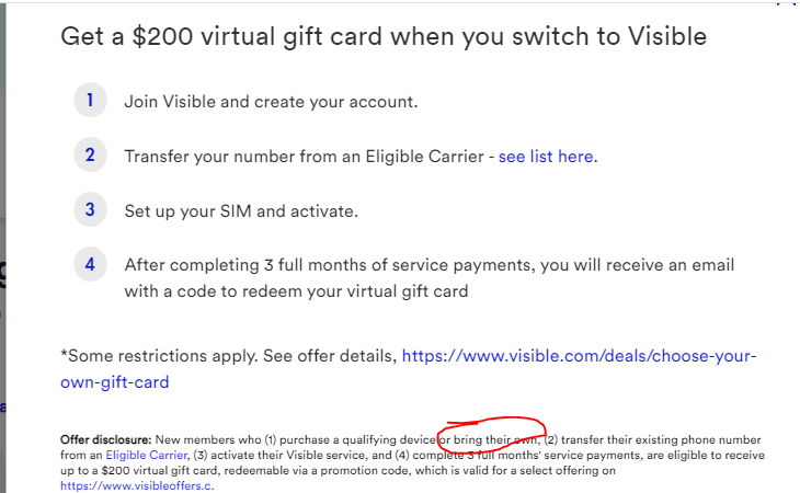 Transfer your number from an Eligible Carrier to Visible $200, BYOP and three months service