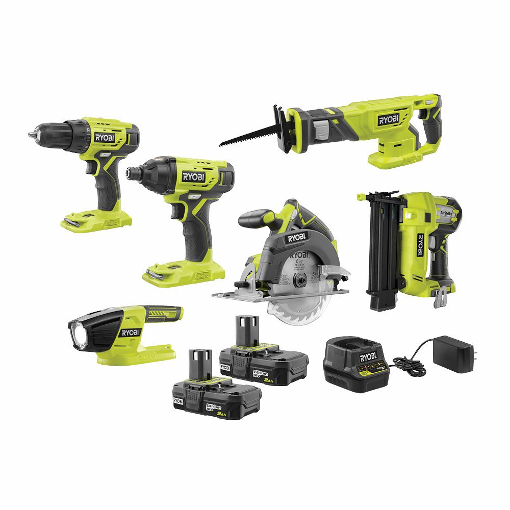 RYOBI ONE+ 18V Cordless 6-Tool Combo Kit with (2) 2.0 Ah Batteries and Charger-PCK400KN - The Home Depot $279