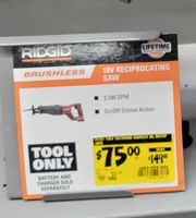 RIDGID 18-Volt OCTANE Lithium-Ion Cordless Brushless Reciprocating Saw (Tool-Only) with Reciprocating Saw Blade-R8643B - The Home Depot $75