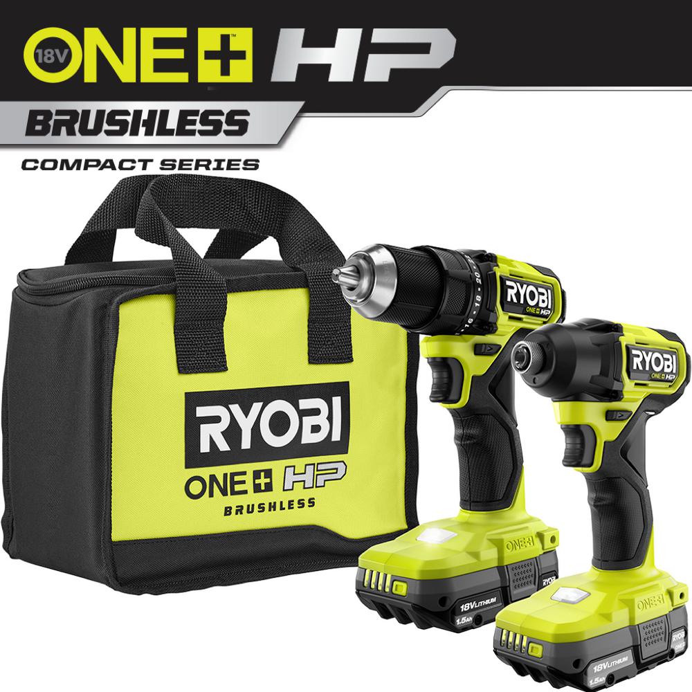 RYOBI ONE+ HP 18V Brushless Cordless Compact 1/2 in. Drill and Impact Driver Kit with (2) 1.5 Ah Batteries, Charger and Bag $92.98